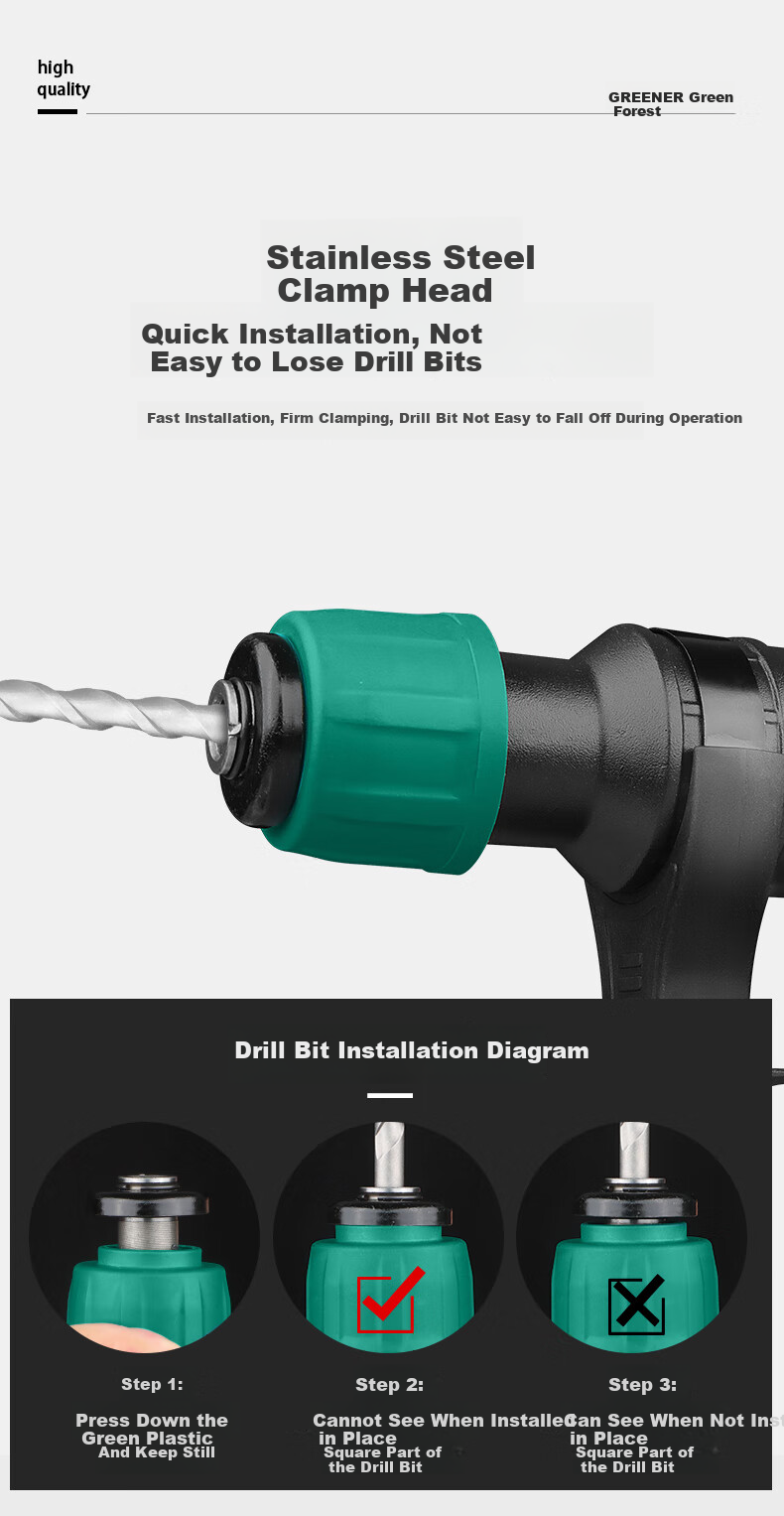 Greenlin Electric Hammer and Pick Impact Drill 2-in-1 Industrial Grade 1380W High Power Concrete Drilling Clutch 8