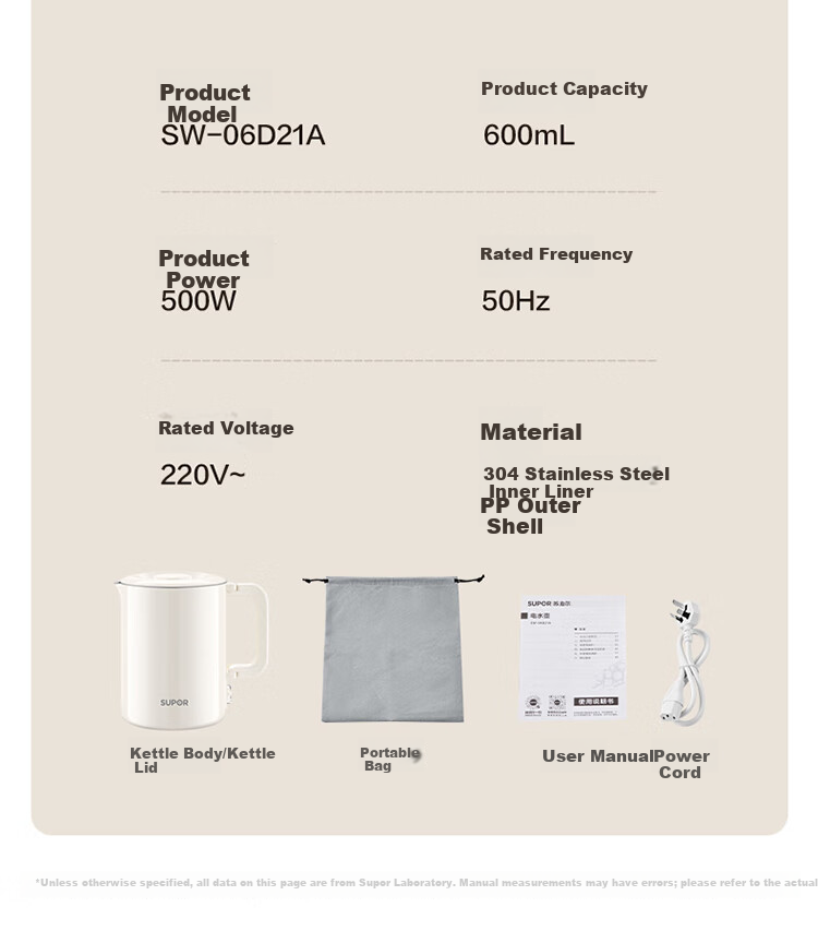 SUPOR 0.6L Elegant Capacity Electric Kettle Water Boiler Hot Water Kettle Travel Portable with 304 Stainless Steel Inner Tank SW-06D21A 16