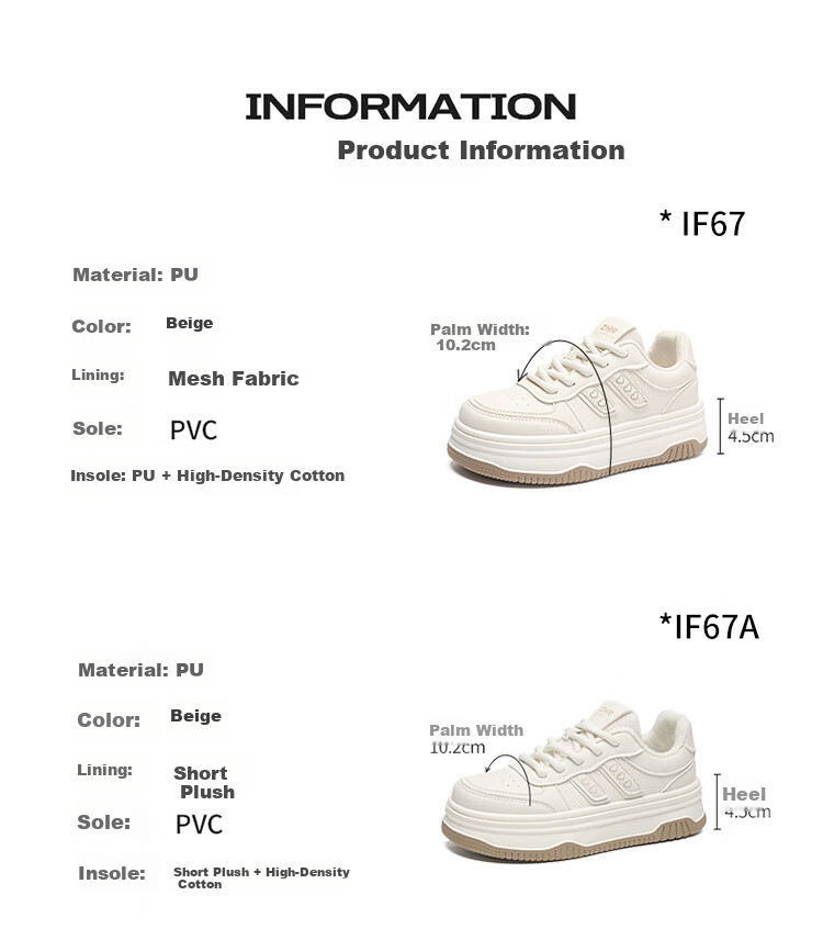 ZHR White Sneakers for Women, Versatile Thin Casual Shoes, Petite Thick-Soled Height-Increasing Skateboard Shoes for Women, IF67 Beige, Size 37 1