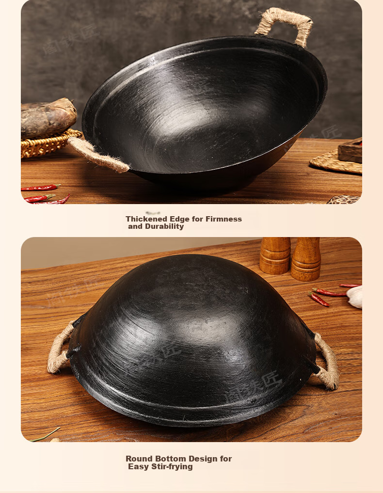 Yan Blacksmith Zhangqiu Cast Iron Double-Handle Wok Non-Coated Raw Iron Stir-Fry Pan Thickened Traditional Round Bottom 40cm 11