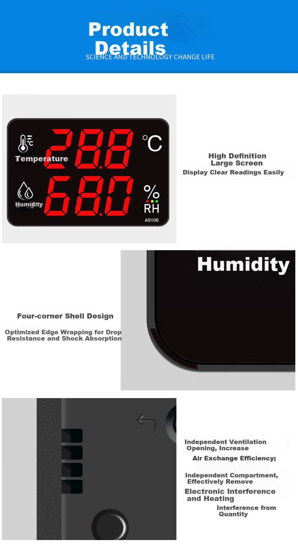 Xingzhilian Industrial-Grade Temperature And Humidity Meter with High-Precision Large Screen, Warehouse Workshop Factory Room Probe Alarm Display AS106A 12