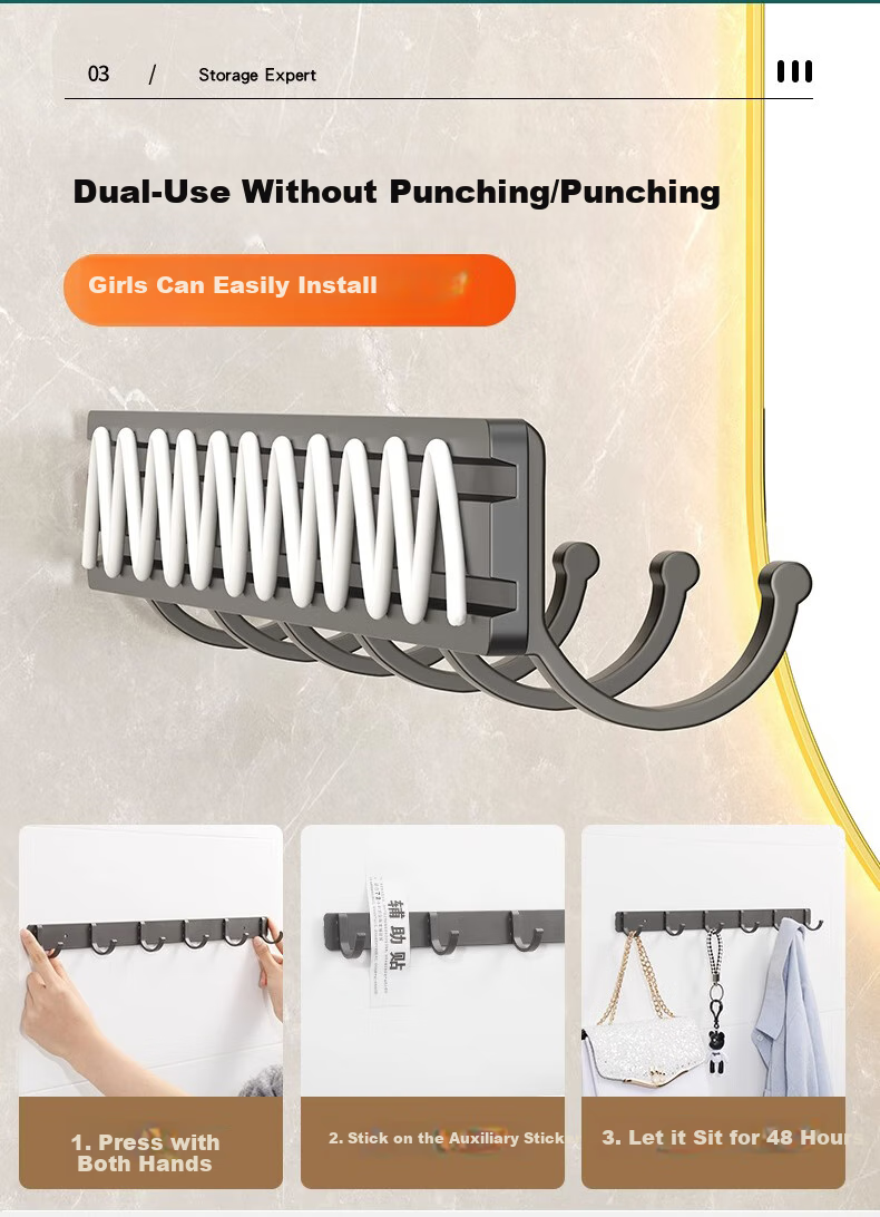 100-Character No-Drill Kitchen Hook Strong Space Aluminum Adhesive Hook Over Door Clothes Hook Bathroom Rack 4