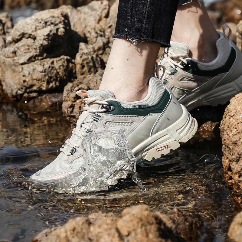 HUMTTO Waterproof Hiking Shoes, All-Season Women's Non-Slip Trekking Shoes, Outdoor Casual Shoes for Women, Beige-Dark Green, Size 38