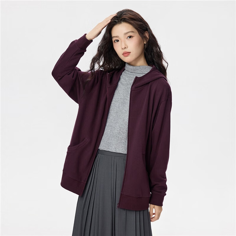Giordano Women's Autumn Winter New Loose Mid-Length Cleanfit Hooded Zip-Up Sweatshirt 13375185