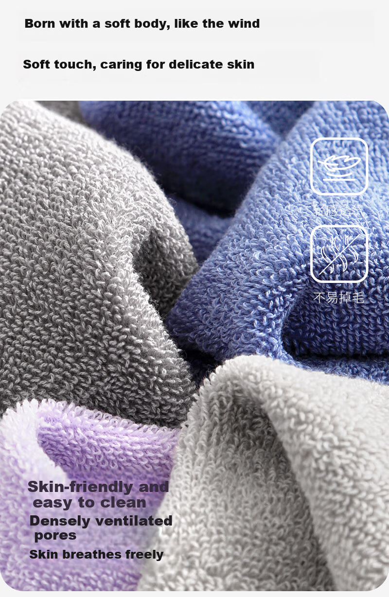 Zhuyibai Class A Pure Cotton Adult Face Towel, 2-Pack, 7A Antibacterial, Absorbent, Lint-Free Large Towel, Deep Blue + Light Gray Sports 4