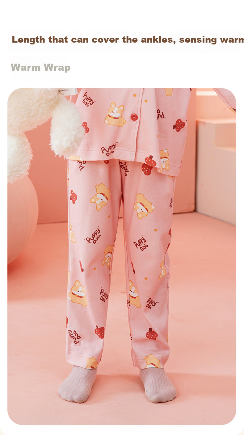 Fenteng Children's Pajamas for Girls, Antibacterial Pure Cotton Spring Cartoon Long-Sleeve Sleepwear for Older Kids 6