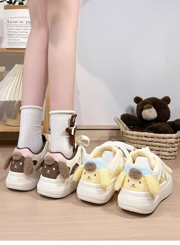 Renben Fleece-Lined White Sneakers for Women Cute Puppy Low-Top Original Casual Thick-Soled Warm Cotton Shoes Trendy Female 15