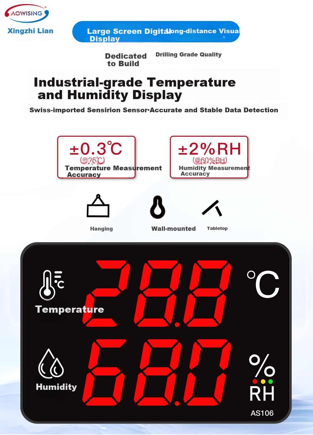 Xingzhilian Industrial-Grade Temperature And Humidity Meter with High-Precision Large Screen, Warehouse Workshop Factory Room Probe Alarm Display AS106A 1