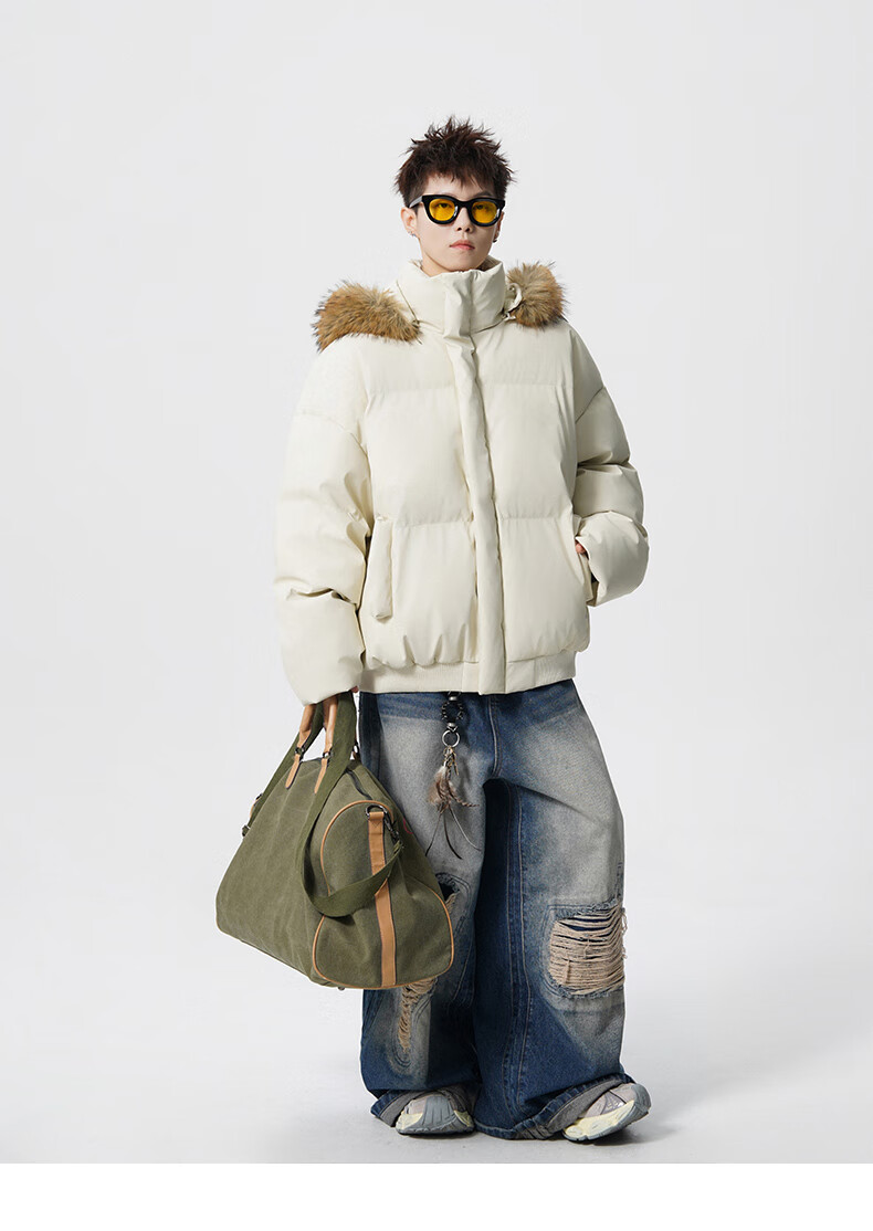 Colombass Trendy PU Leather Down Jacket Men Hooded Winter New Short Thickened Couple Loose Fur Collar Coat 7
