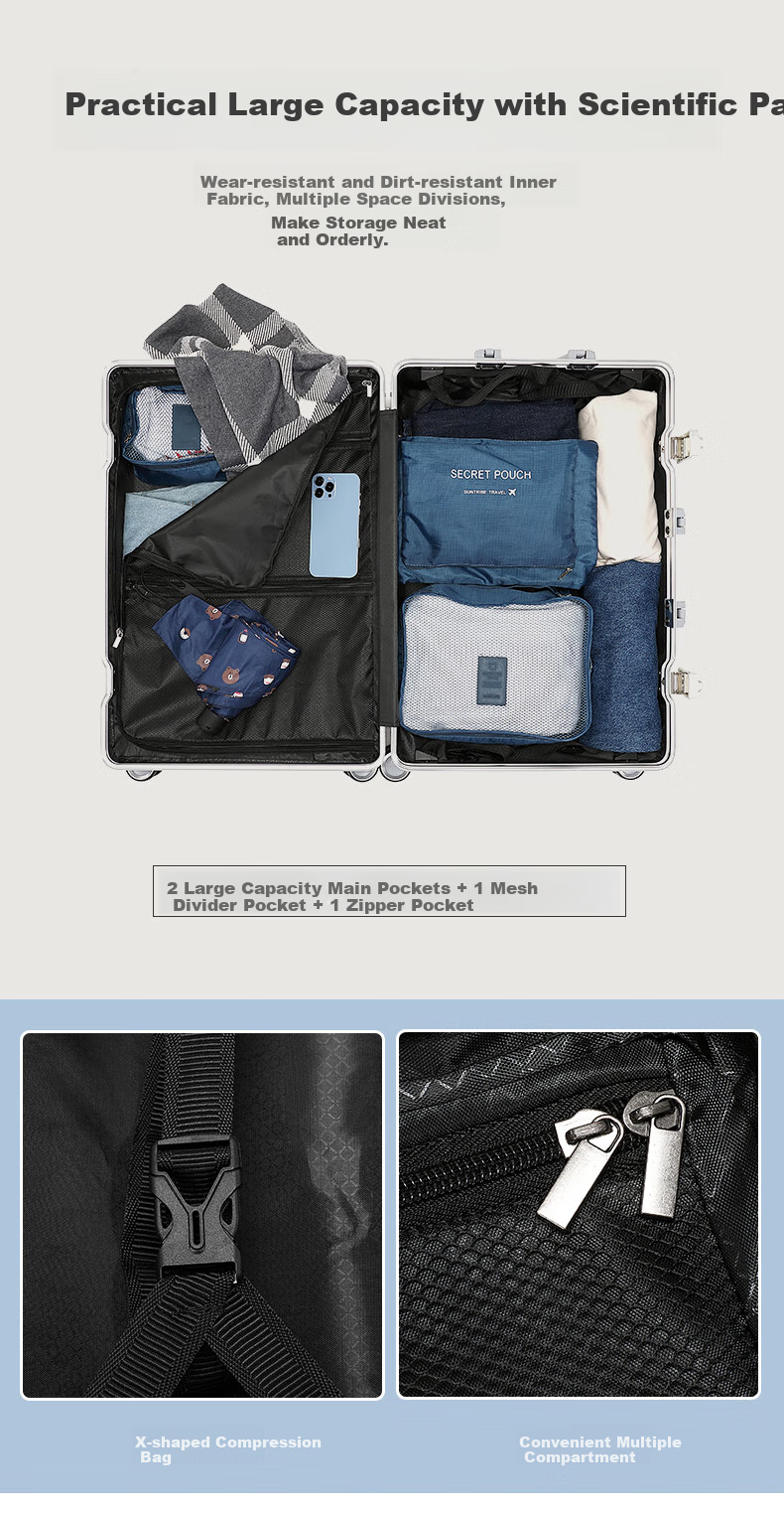 MEXICAN Aluminum Frame Suitcase, Unisex 24-Inch Trolley Case with Password Lock, Travel Luggage for Business Trips, Leather Suitcase, Check-In Luggage, Silver Color 7
