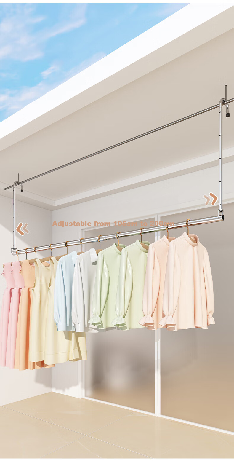Huakaizhixing Retractable Clothes Drying Rack, Extendable Laundry Hanger for Home Balcony, Stainless Steel No-Drill Extension Pole YJ70 2.4 Meters 9