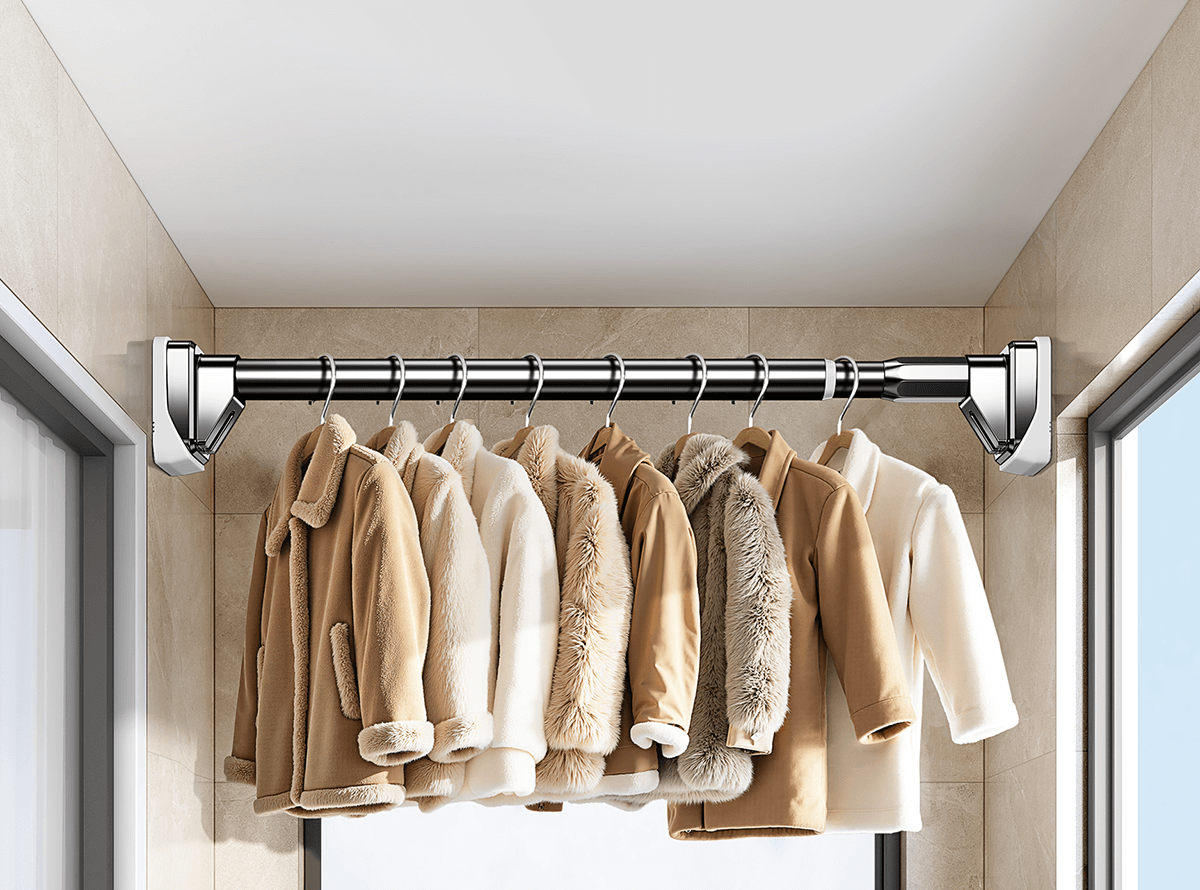 Futuristic Telescopic Clothes Drying Rod No-Drill Balcony Stainless Steel Shower Curtain Rod Wardrobe Hanging Rod Support 340-400cm 18