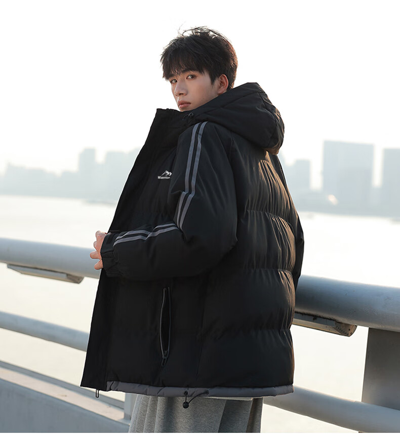 Warrior Men's Cotton Padded Jacket Autumn Winter Hooded Solid Thick Warm Outdoor Cold-Resistant Trendy Puffer Coat 6