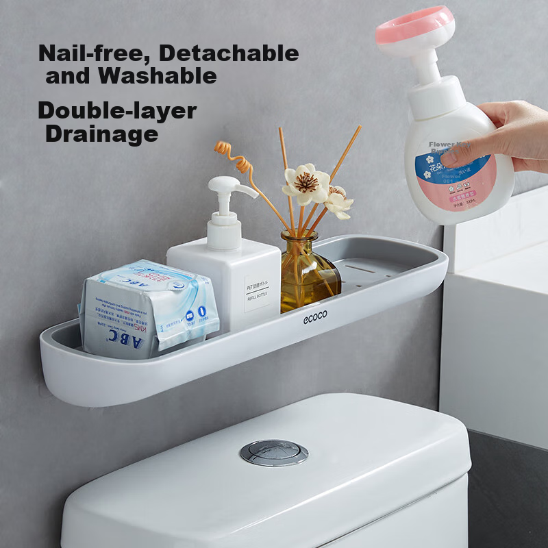 Ecoco Bathroom Storage Rack, Wall-Mounted Toilet Organizer without Drilling, Washroom Shelf E1923 Gray