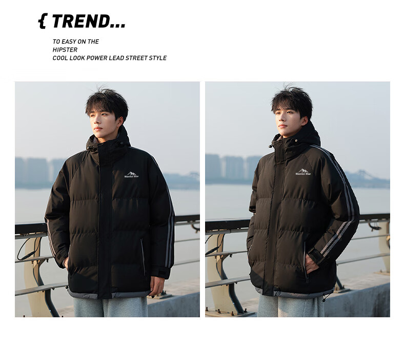 Warrior Men's Cotton Padded Jacket Autumn Winter Hooded Solid Thick Warm Outdoor Cold-Resistant Trendy Puffer Coat 7