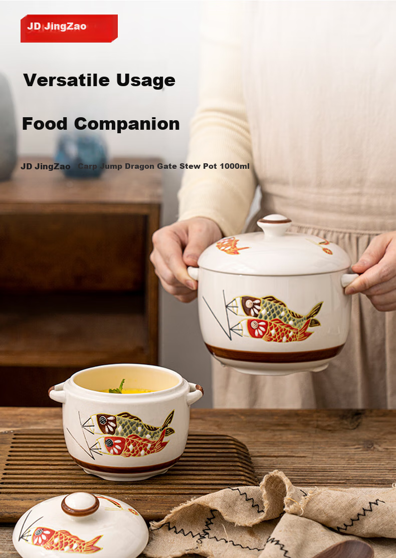 JD Original Ceramic Stew Pot with Lid And Spoon, for Soup, Steamed Eggs, Bird's Nest, And Baby Food, Zhu Yue Longmen Stew Pot 1000ML*1 1