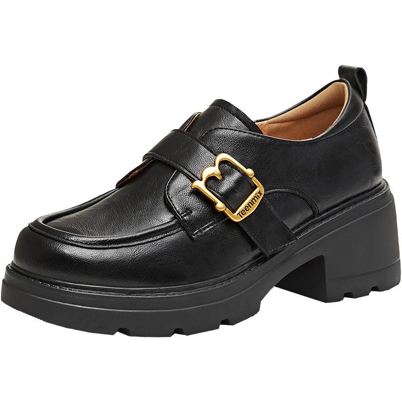TEENMIX Loafers Chunky Heel British Style Leather Shoes Women Single Shoes 2026 Spring New Black 37
