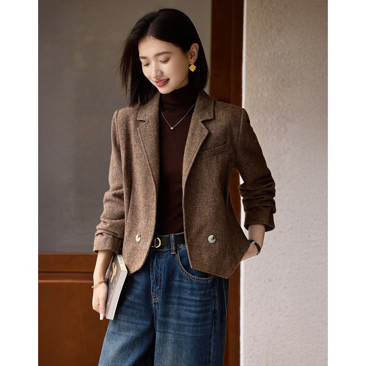 Demana [Smart Elite] Autumn Small Fragrance Style Shearling Wool Notched Lapel Double-Breasted Pleated Waist Women's Blazer Jacket