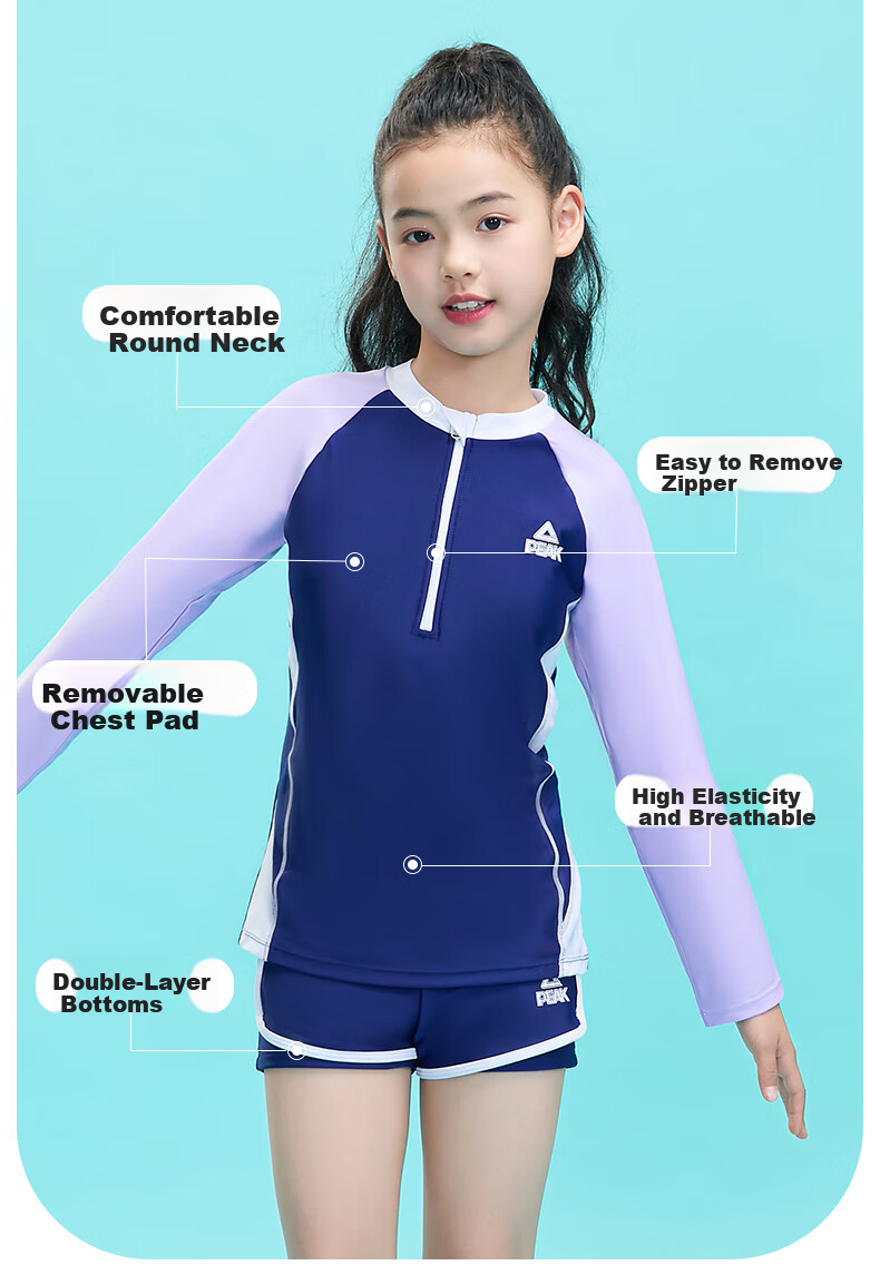 PEAK Children's Swimsuit, Girls' Color-Block Long-Sleeve Two-Piece Swimwear, Conservative Casual Style, Purple, Size 150 3