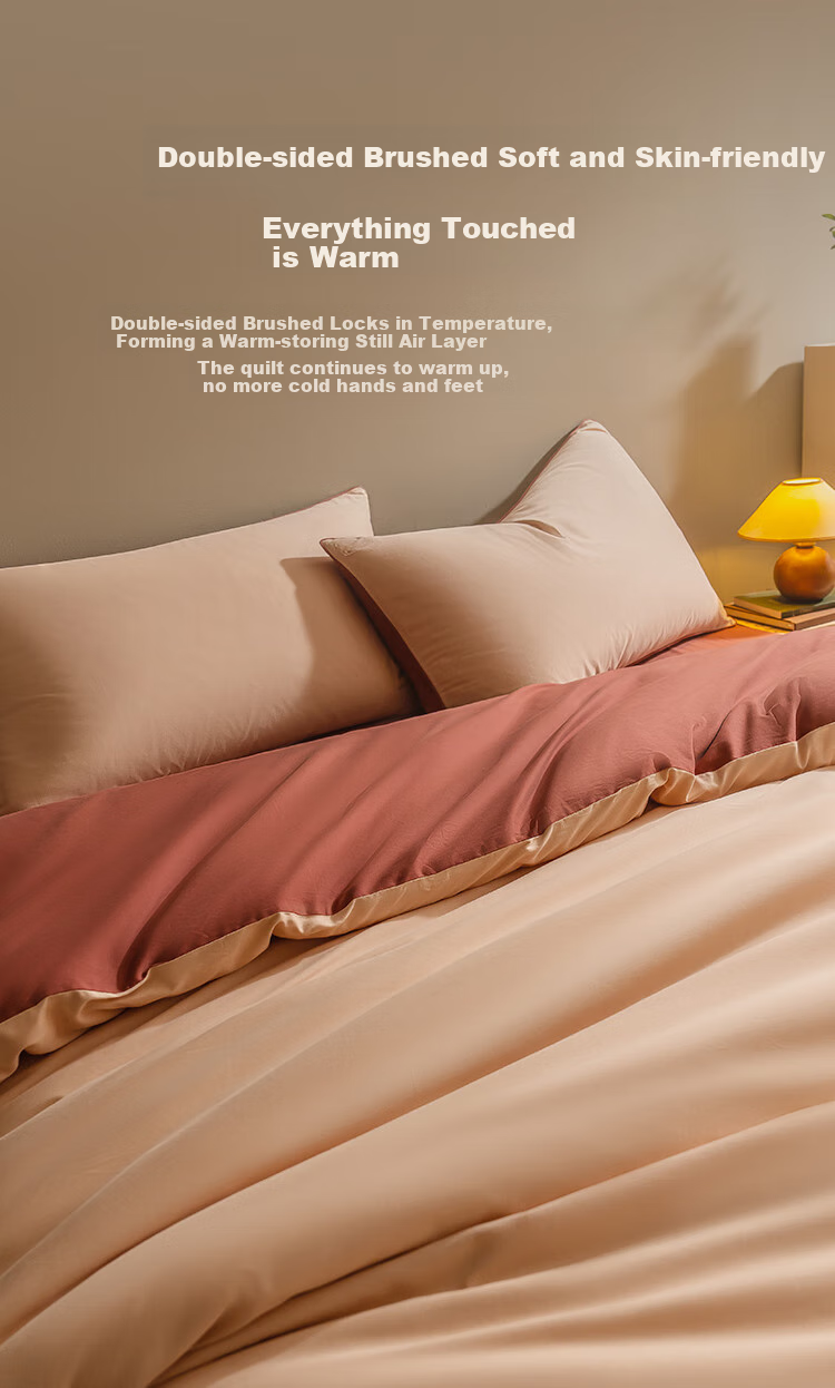 JD Original Italian Ceramic Brush Four-Piece Bedding Set, 60-Count Long-Staple Cotton Brushed Fabric Class A 100% Pure Cotton Bed Sheet Duvet Cover Bedding for Winter Warmth Single/double 1.5m Cinnamon Red 5