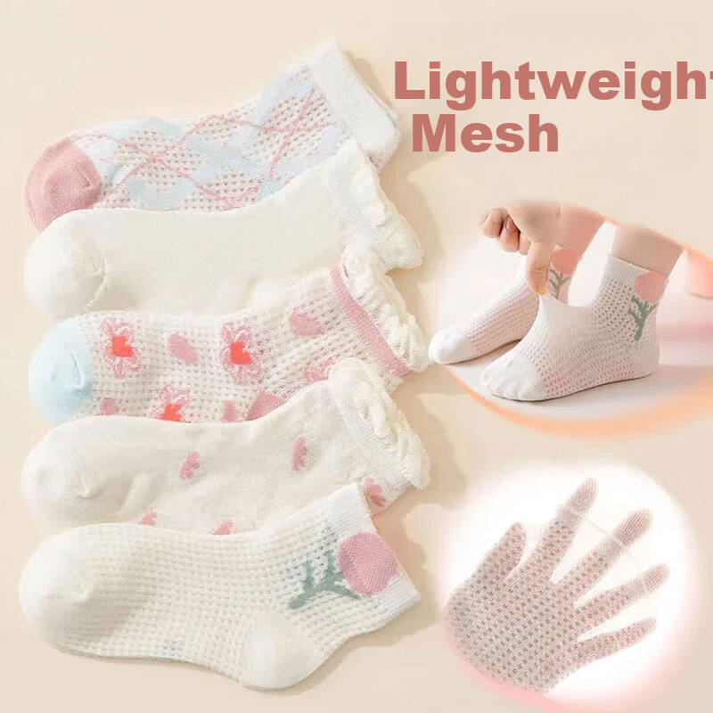 Mianmanman Children's Socks, Girls' Pure Cotton Antibacterial Summer Thin Mesh Short Socks, Baby Lace Princess Socks, 6 Pairs, Tt