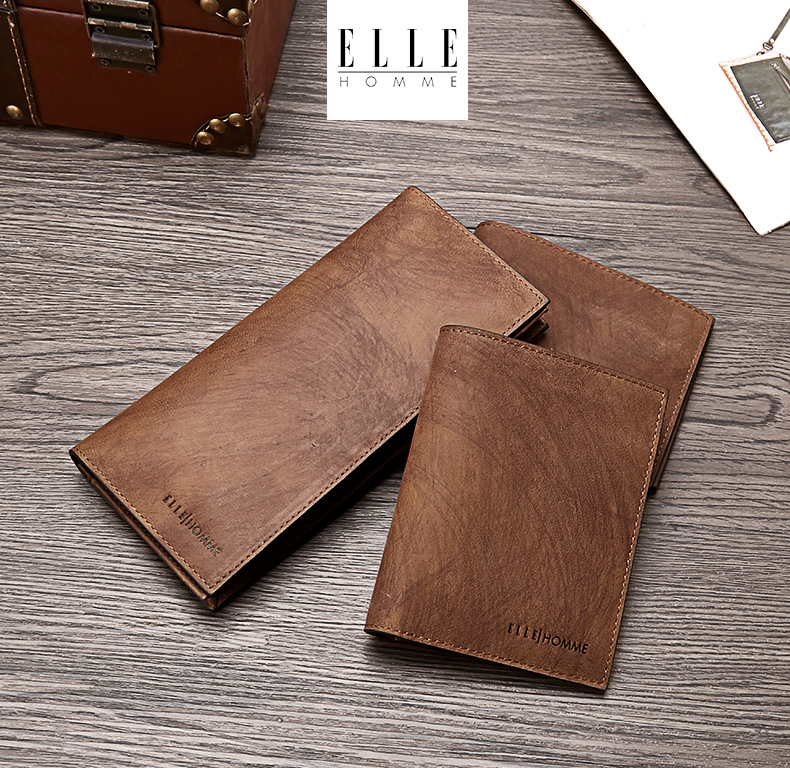 ELLE HOMME Vertical Wallet First Layer Cowhide Multi-Card Vintage Bi-Fold Card Holder 0330 Birthday Gift for Boyfriend 1