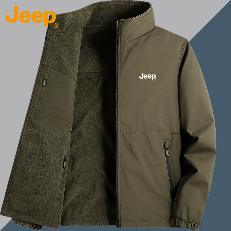JEEP Men's Fleece-Lined Thickened Warm Jacket Autumn Winter Casual Loose Fit Military Green Fleece 5XL