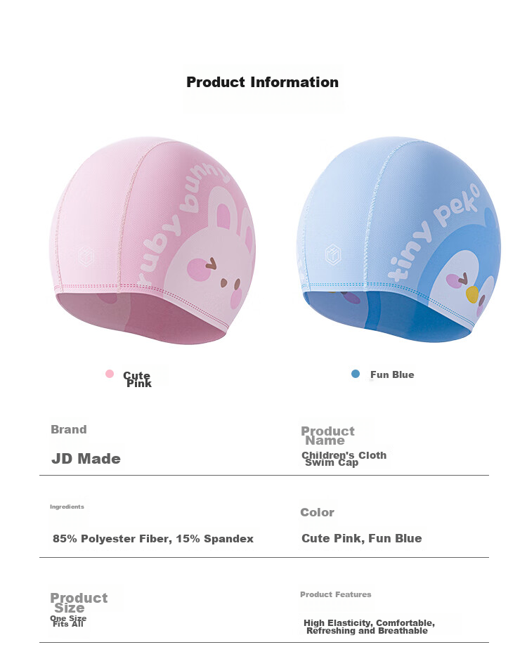 JD Original Children's Swim Cap, Soft Comfortable Cute Swimming Cap for Boys And Girls, Cartoon Print Fabric Cap, Fun Blue 12