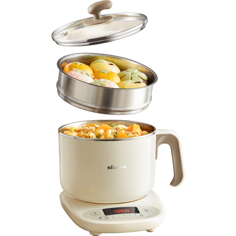 Bear Stainless Steel Electric Cooking Pot And Steamer, Multi-Functional Dormitory Mini Electric Pot, Non-Coated All-In Steaming And Boiling with Timer, Small Detachable for 1-2 People, C12N7 with Steamer Basket