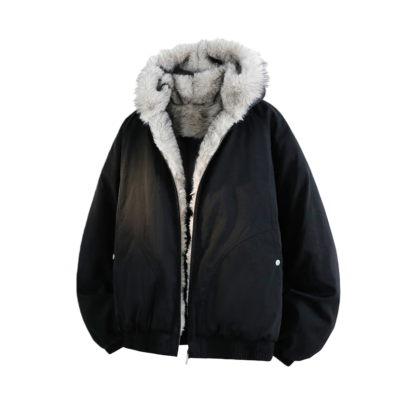 VUUG High Street Fur Collar Cotton Jacket Unisex Winter Loose Fleece Thickened Eagle Parka Black XL