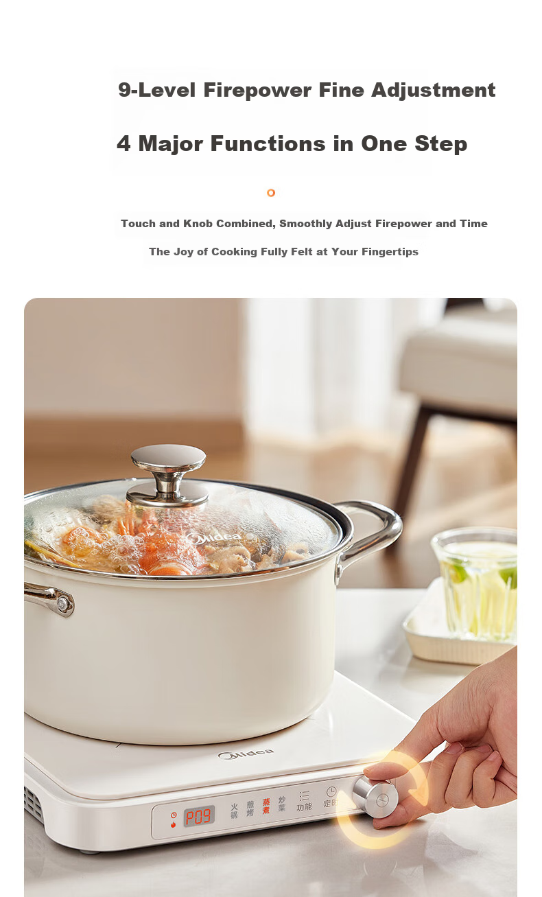 Midea Household Induction Cooker, Ceramic Cooktop, Battery Stove, 2200W High Power, Intense Heat, New Electromagnetic Stove with Integrated Microcrystalline Panel, Stir-Fry Cooking, Timer, Hot Pot Cooker MC-HGE22BF09 10