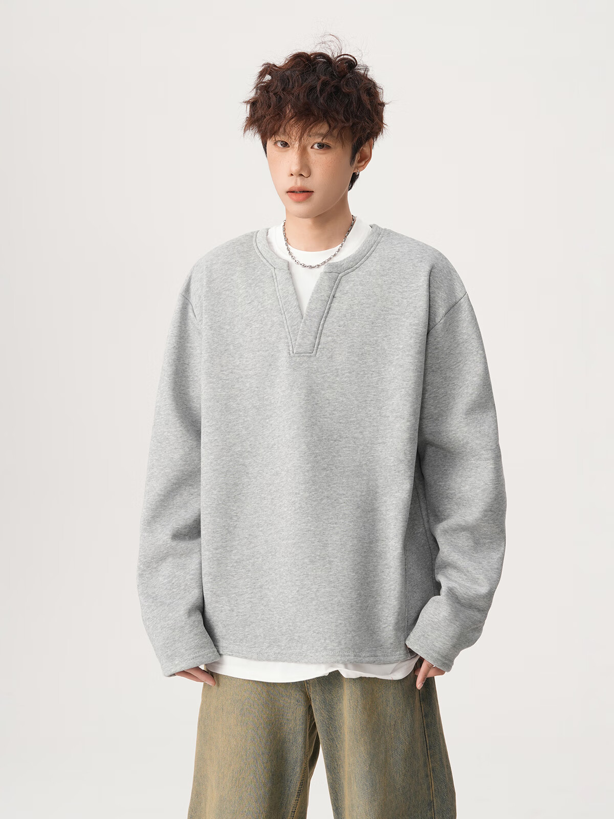 Foss Phil Men's Fake Two-Piece Long Sleeve Sweatshirt Autumn Winter Loose Fit Basic T-Shirt HT25764 Black 3XL 10