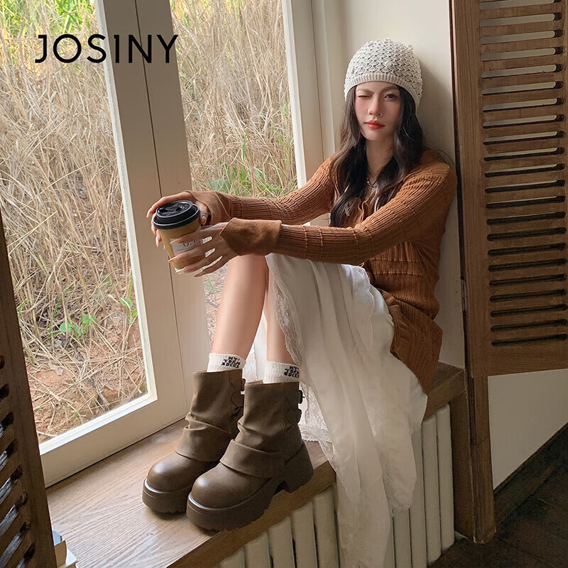 Josiny Platform Fashion Boots Women 2025 Autumn Winter New Stylish Mallard Short Boots British Style Martin Boots Yellow Brown Size 37