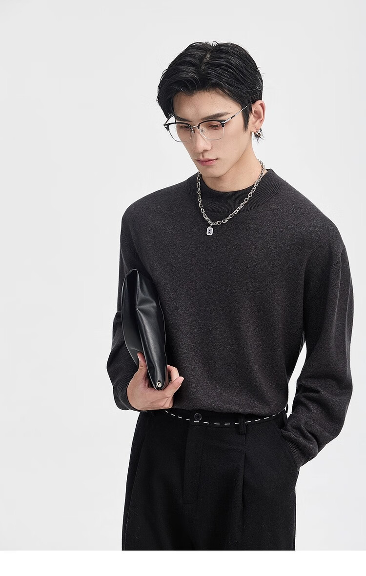 Earl Zuoer [Lycra Tencel Wool] Early Winter 25 Crew Neck Pullover Knit Base Shirt Men's Solid Loose Sweater 40