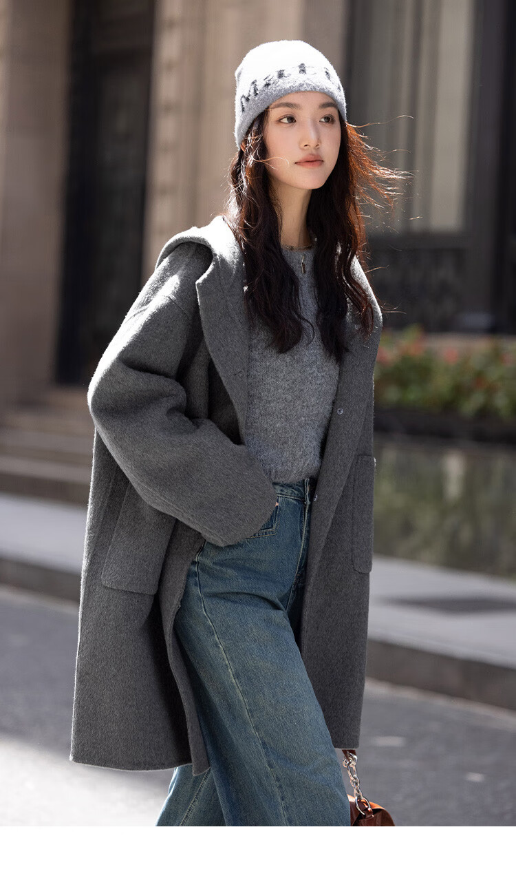 Demana College Style Winter Hooded Long Sleeve Mid-Length Wool Coat with Front Pockets and Open Placket 12