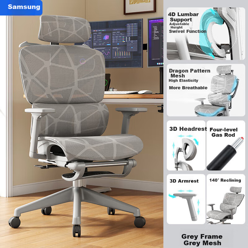 Sanxing SX-1897 Ergonomic Office Chair with Dual Backrest, Computer Chair, Ergonomic Gaming Chair, Dragon Pattern Mesh, Gray