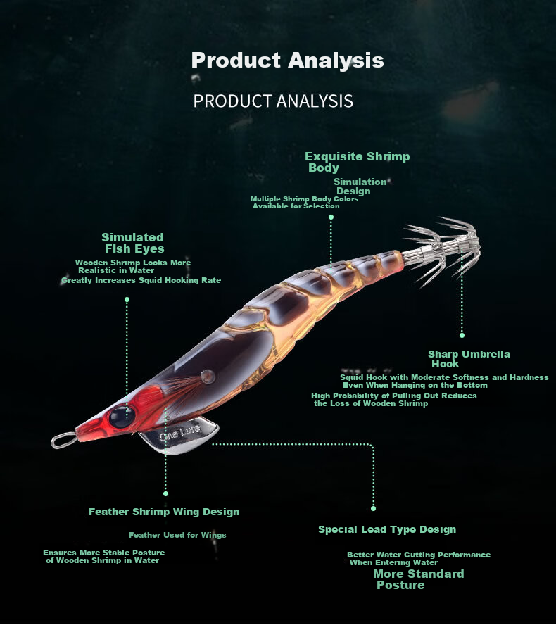 Guowangliya Lure, Wooden Shrimp Artificial Bait, Large Squid Blowgun, Fluorescent Rocket Squid Bait, Glow-In Umbrella Hook, Squid Hook 6
