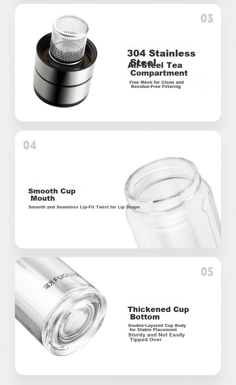 Fuguang Double-Layer Glass Cup, Car-Mounted One-Touch Lid Opening Tea Infuser Cup, High Borosilicate Tea-Water Separation Water Bottle for Men And Women, 300ml 15