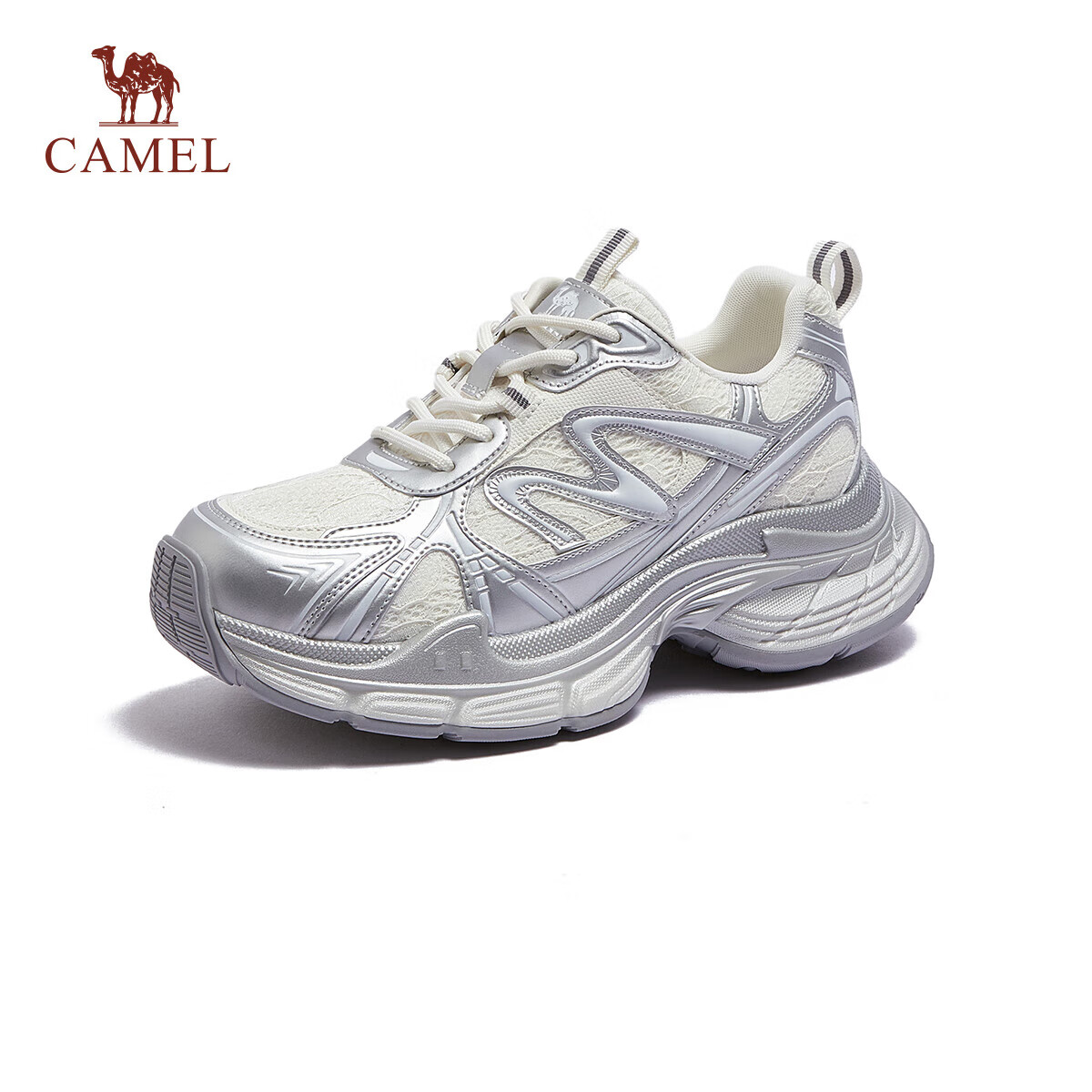 CAMEL Women's Dad Sneakers Millennial Style Thick Sole Sports Shoes Metallic Casual Shoes L26S283072 Beige/Silver 36