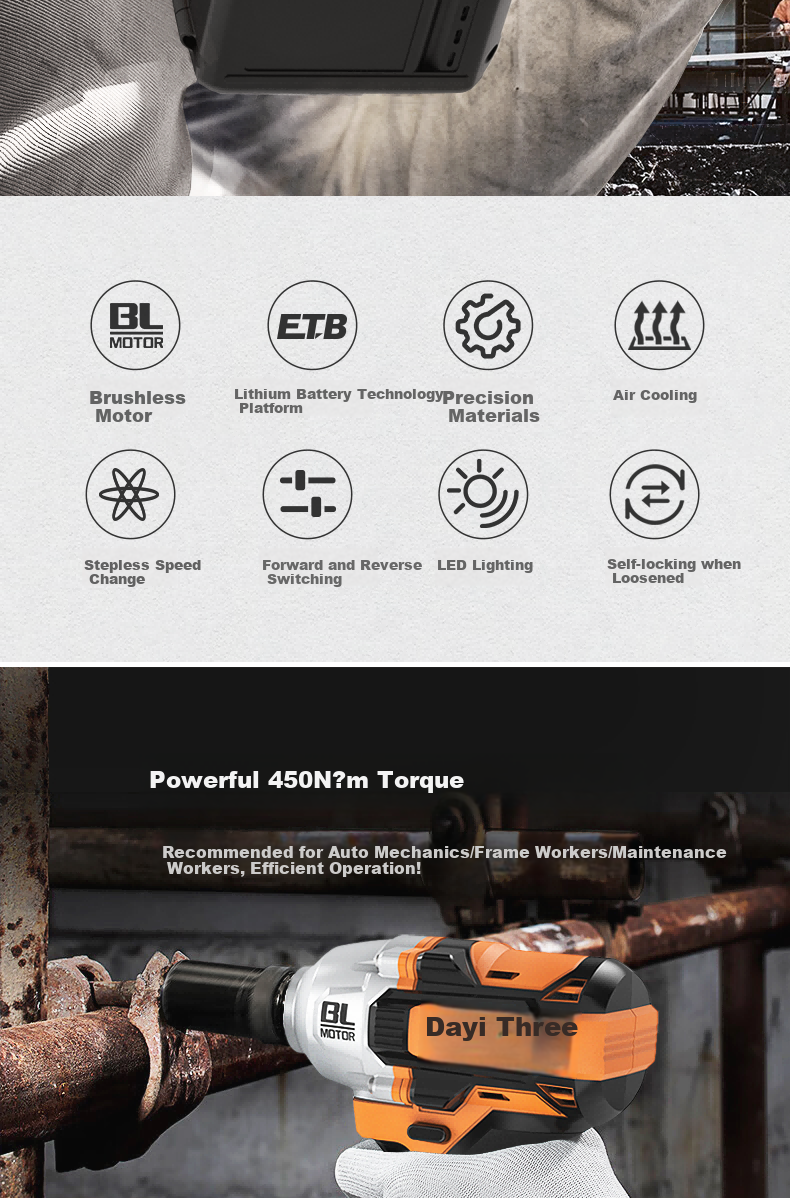 Dayi Electric Wrench, High Torque, 6.0Ah Lithium Battery, Brushless Impact Wrench, Rechargeable Pneumatic Impact Tool, E450-6D 1