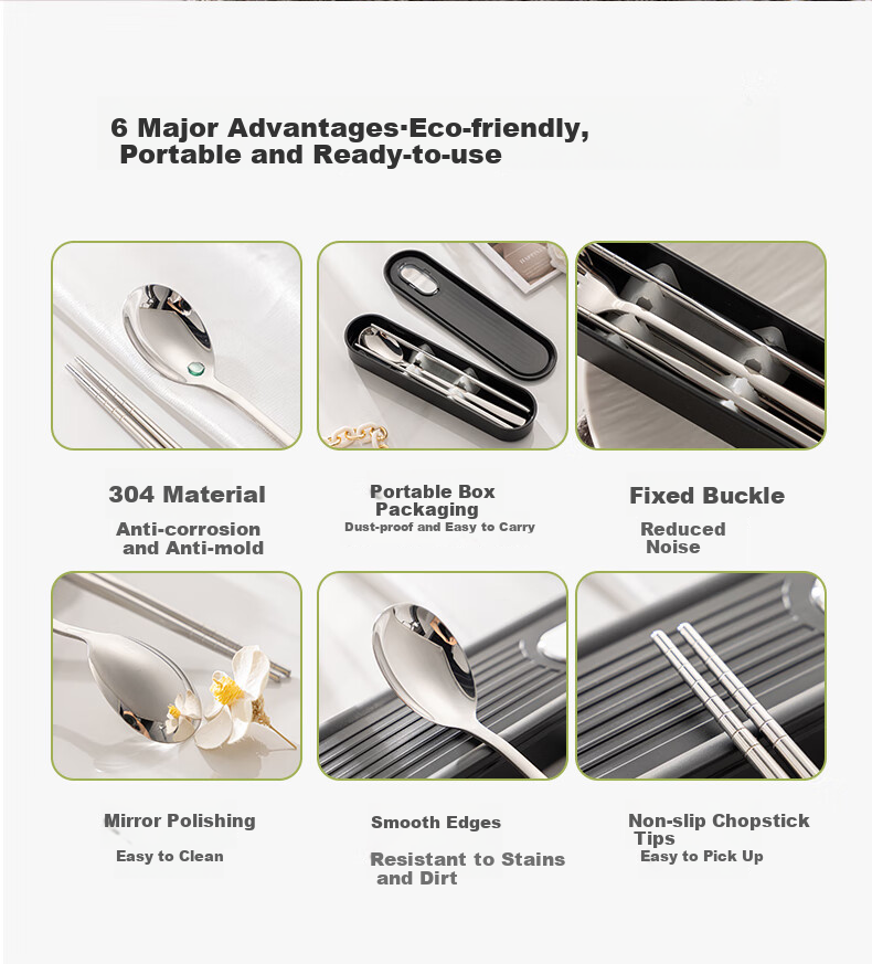 Guangyi Food-Grade 304 Stainless Steel Portable Cutlery Set with Chopsticks, Personal Use for Students And Adults, Including Chopsticks, Spoon, Fork, And Box GY7358 8
