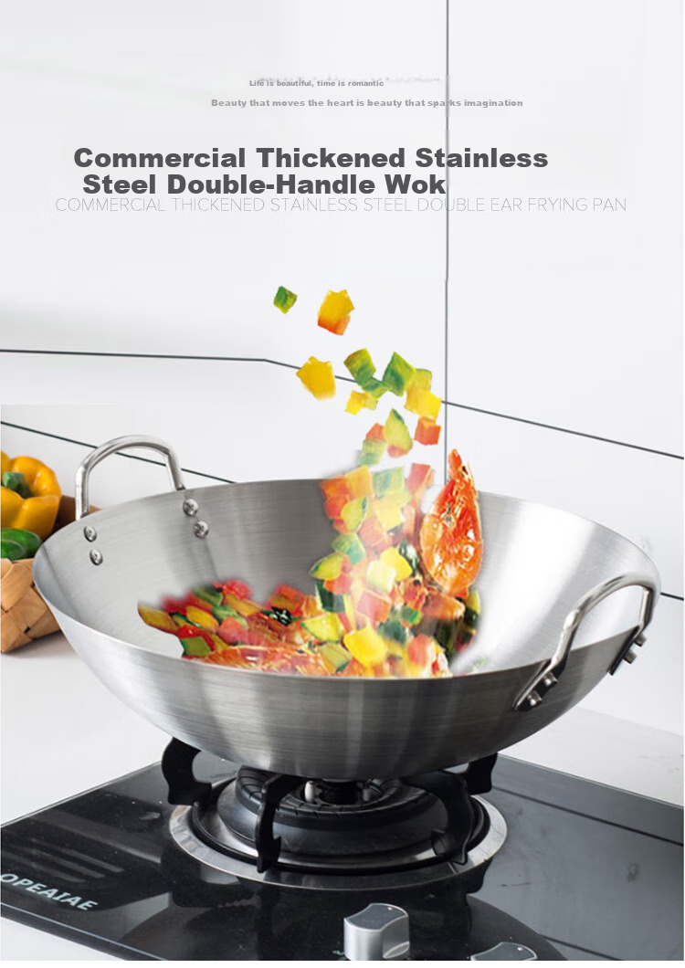 Quanshi Thickened Stainless Steel Wok, 50cm Commercial Double-Handled Wok, Suitable for Restaurants, Gas Stoves, Coal Stoves, Universal Round Bottom Frying Pa 1