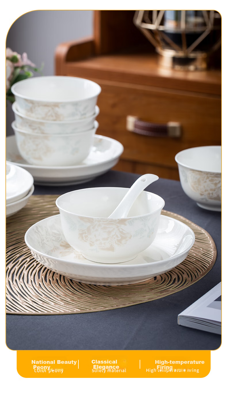 Taoxianghui Jingdezhen High-Quality White Porcelain Jade Clay High-Temperature Tableware Bowls Plates Spoons Chopsticks Ceramic Bowls And Dishes for Home Use, 14-Piece Gift Dinnerware Set 4
