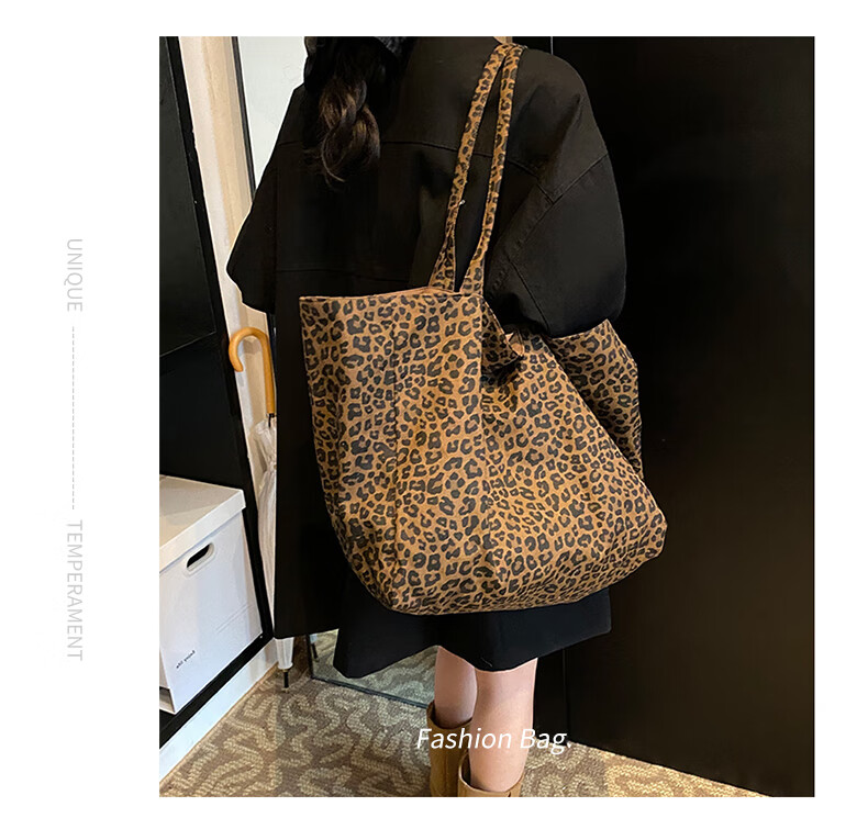 40,000 Kilometers Commuter Leopard Print Canvas Bag Women Fashion Korean Style Casual Versatile College Tote Bag Large Capacity Shoulder Bag 6