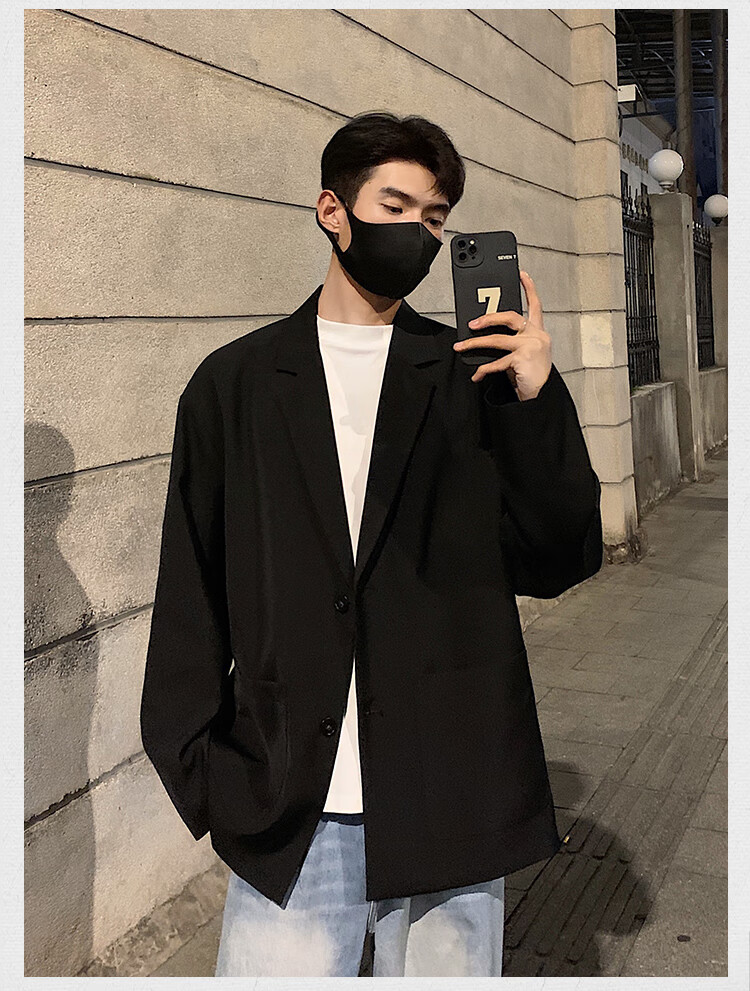 Dingfengbaoluo Solid Color Casual Blazer Autumn Jacket Men's High-End Stylish Suit Fashion Top EX03 Black XL 2