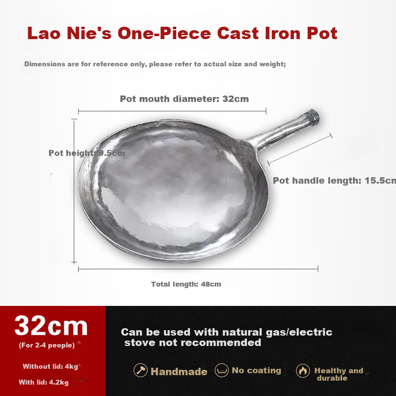 Laoniejia Handmade Wok, Zhangqiu Iron Pan, Authentic Hand-Forged, Laoniejia Non-Coated Non-Stick Cooking Pan, 32cm