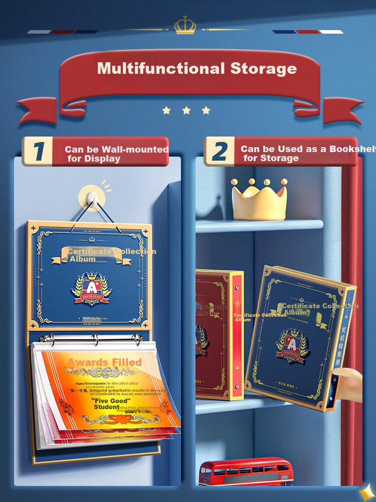 Jinzhi A4 Certificate Collection Album/Astronaut, Wall-Mountable Display, for Boys And Girls, High-Quality Honor Certificates And Medals, Elementary School Life Page Storage, Children's Organizer for Certificates 1