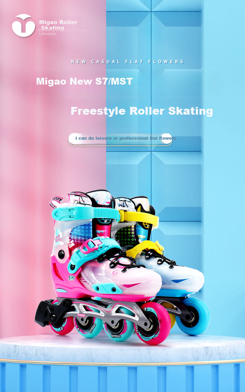 Migao Roller Skates for Children, Inline Skates for Boys And Girls, Flat Skate Shoes, Complete Set with Adjustable Straight Wheels, S7 Pink Set, Size L 1
