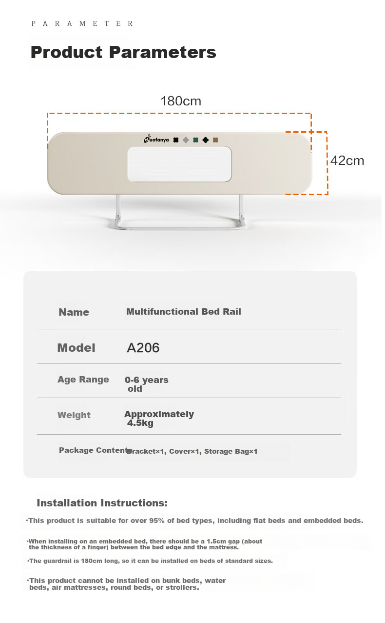 Nuofanya Baby Anti-Fall Guardrail, Crib Bumper, 1.8m Cream White Gold Color [No Barrier], One Side 15