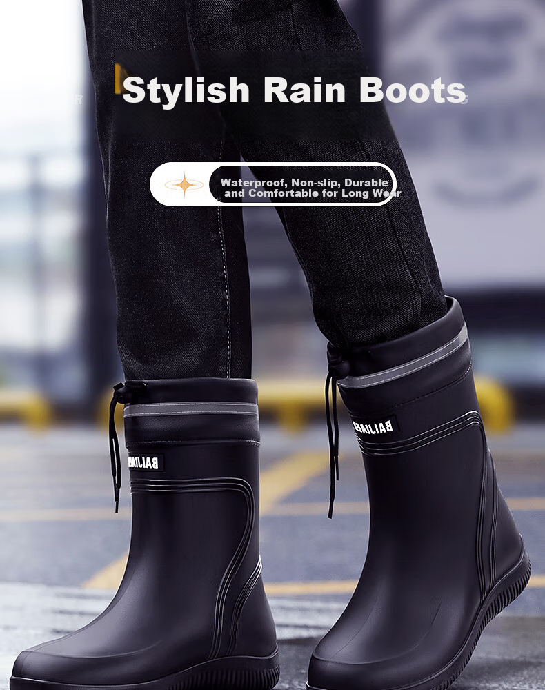 Beimei Men's Rain Boots, 2024 New Mid-Calf Style, Waterproof Shoes, Non-Slip Fishing Shoes for Delivery Riders 1